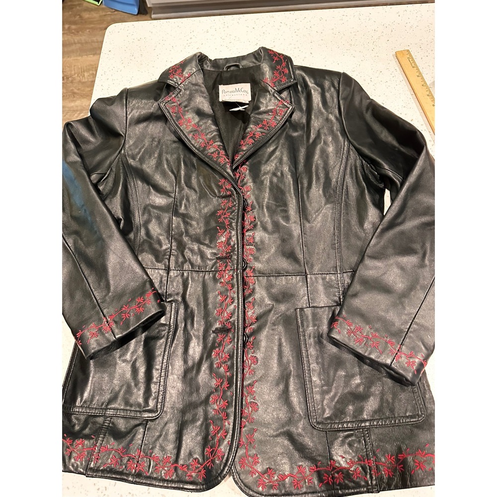 Pamela McCoy Black Leather Blazer Red Floral Embroidered Jacket Womens Small